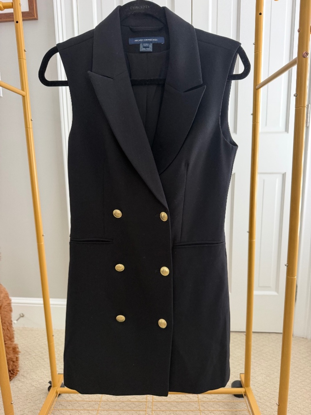 French Connection Black Sleeveless Blazer Mini Dress Gold Buttons US 2